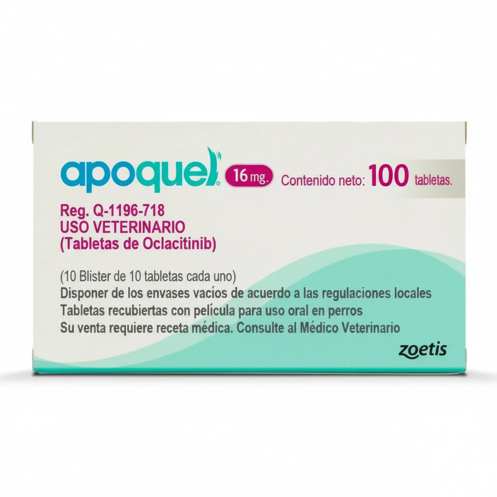 Caja de Apoquel 16mg para perros. 100 tabletas uso veterinario Zoetis vendida por PET WORLD
