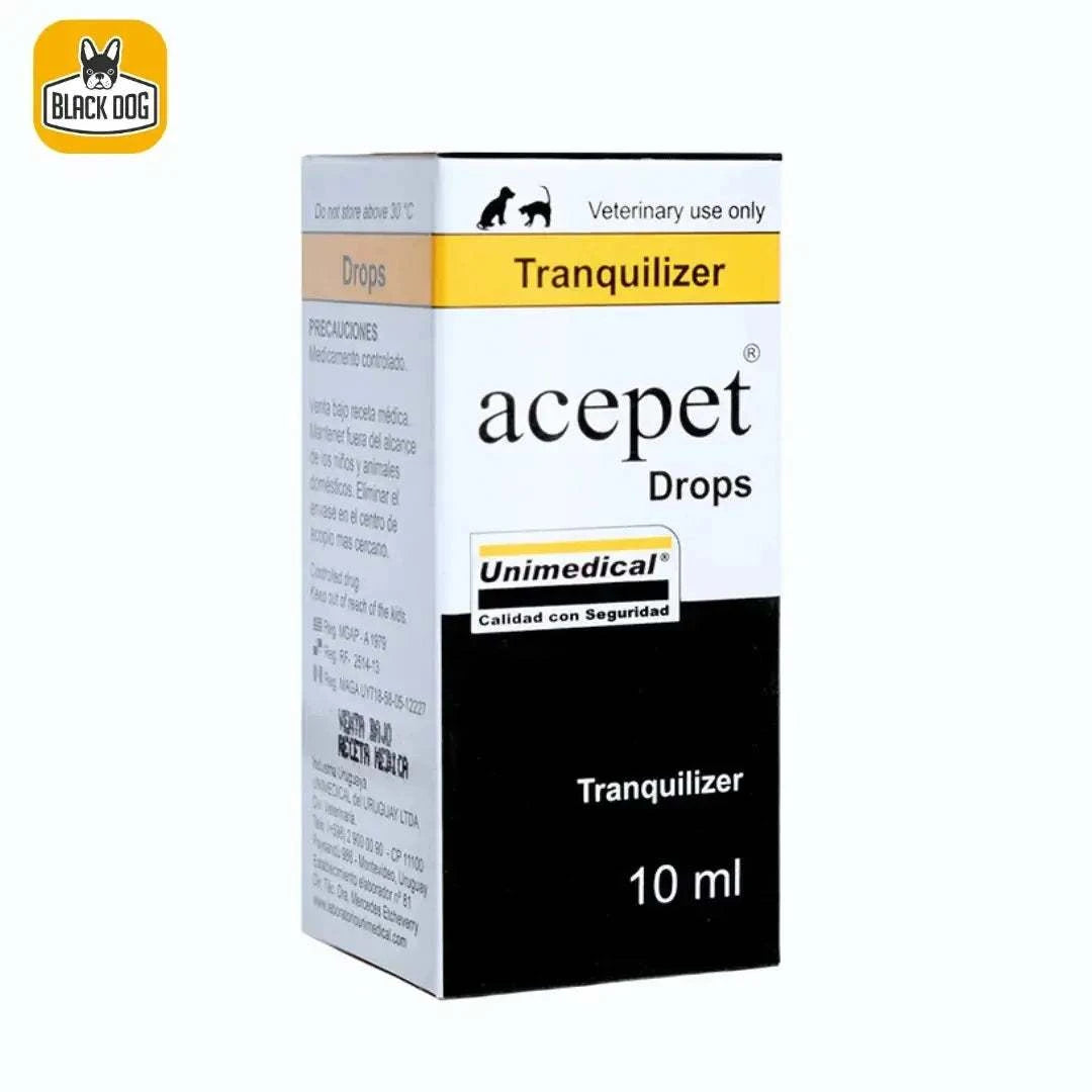 Caja de acepet gotas para perros tranquilizante 10 ml Unimedical en envase blanco negro y amarillo para veterinaria