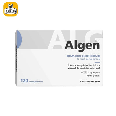 Caja de DROGUERIA ALEMANA Algen 20mg analgésico para perros y gatos con 120 comprimidos uso veterinario