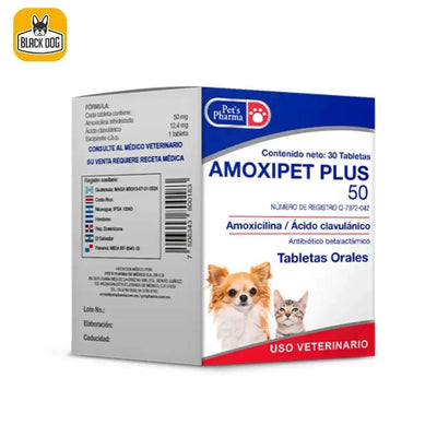 Caja de amoxipet plus 50 para mascotas, tabletas orales de amoxicilina y ácido clavulánico para perro y gato