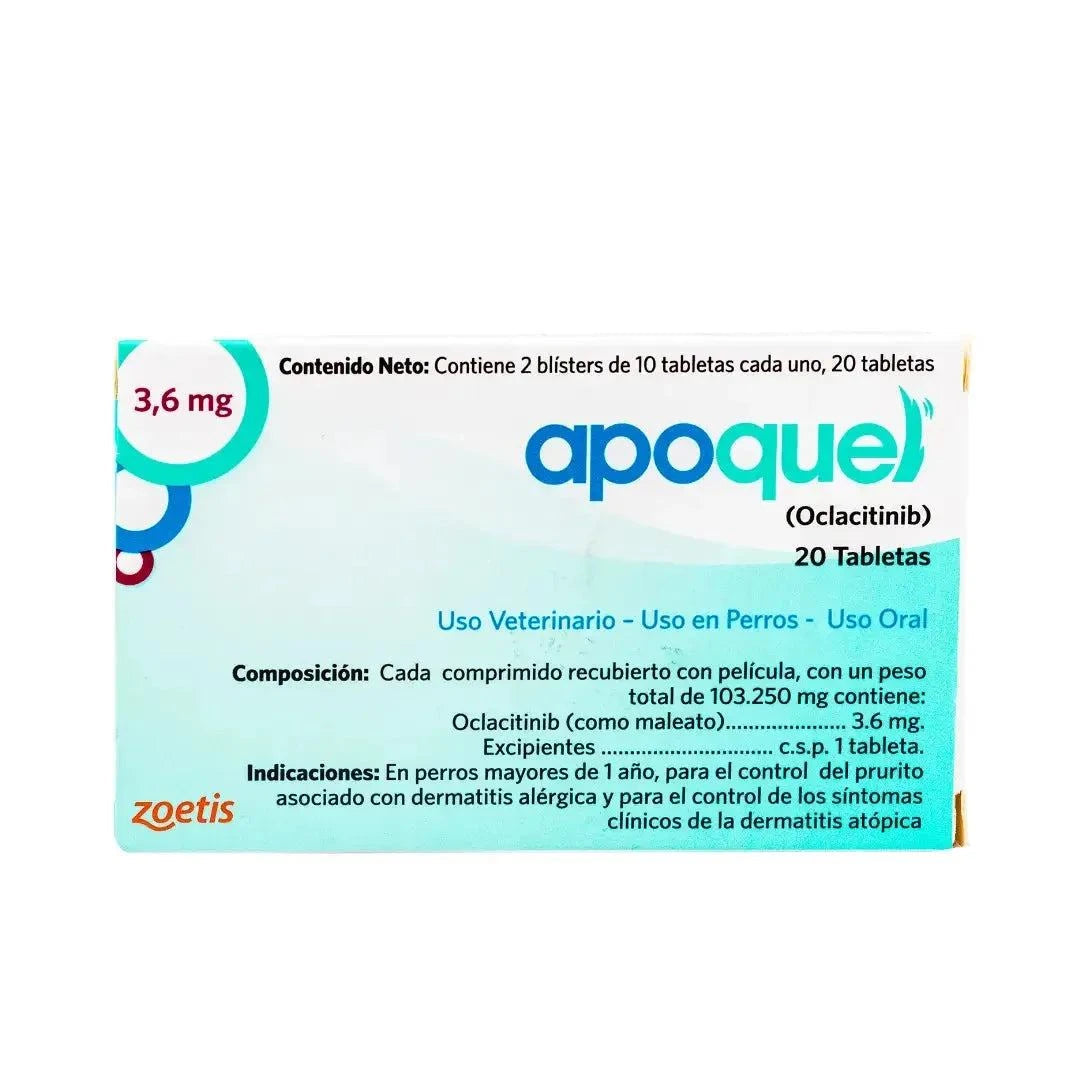 Caja de Apoquel 3.6 mg para perros Panamá 20 tabletas uso veterinario contra prurito y dermatitis atópica