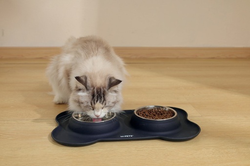 M-pets Duet Stainless Steel Bowls With Silicone Mat 400ml X 2 -Blue