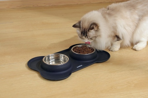 M-pets Duet Stainless Steel Bowls With Silicone Mat 400ml X 2 -Blue