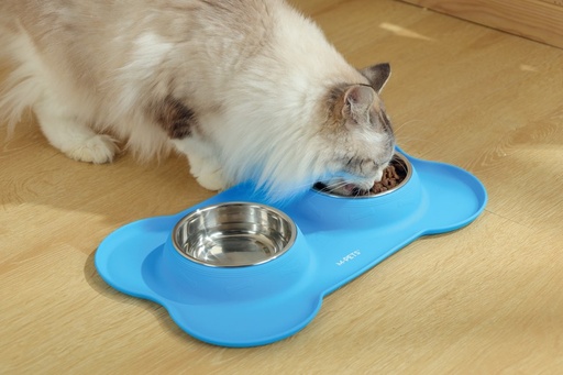 M-pets Duet Stainless Steel Bowls With Silicone Mat 400ml X 2 -Blue
