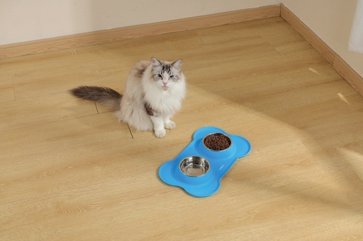 M-pets Duet Stainless Steel Bowls With Silicone Mat 400ml X 2 -Blue
