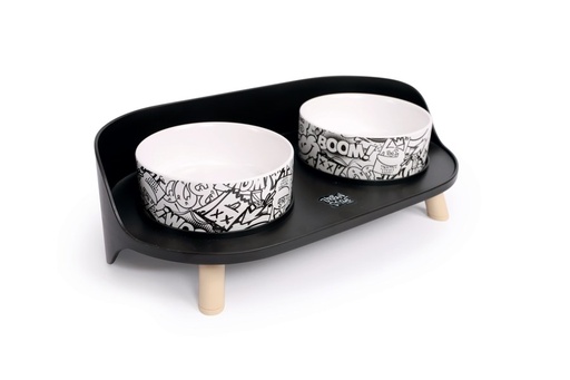 M-pets Altitude Urban Style Double Raised Pet Bowl Black&white