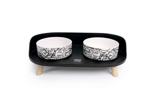 M-pets Altitude Urban Style Double Raised Pet Bowl Black&white