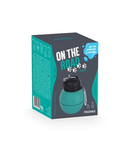 M-pets On The Road Foldable Dog Water Bottle 200ml-550ml 2 In 1 Turquoise Blue Color
