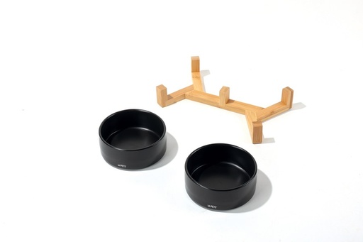 M-pets Opera Ceramic Bowls With Bamboo Stand 2x350ml - Black