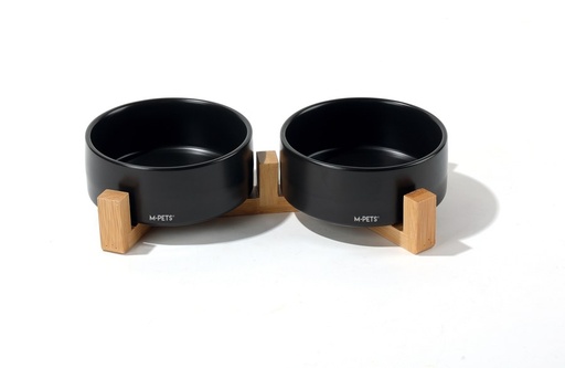 M-pets Opera Ceramic Bowls With Bamboo Stand 2x350ml - Black