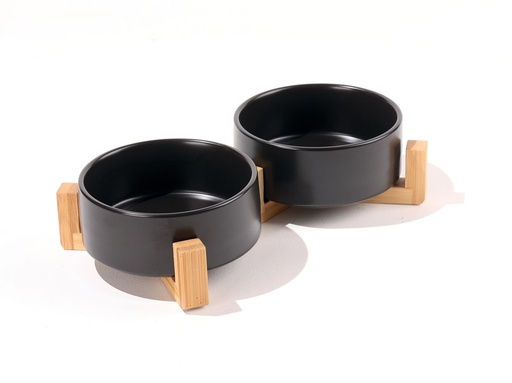 M-pets Opera Ceramic Bowls With Bamboo Stand 2x350ml - Black