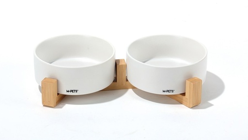 M-pets Opera Ceramic Bowls With Bamboo Stand 2x350ml - White