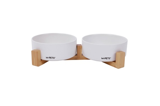 M-pets Opera Ceramic Bowls With Bamboo Stand 2x350ml - White