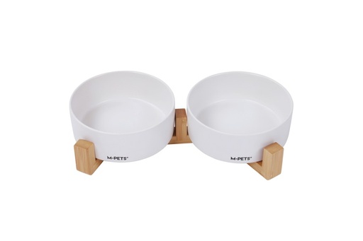 M-pets Opera Ceramic Bowls With Bamboo Stand 2x350ml - White