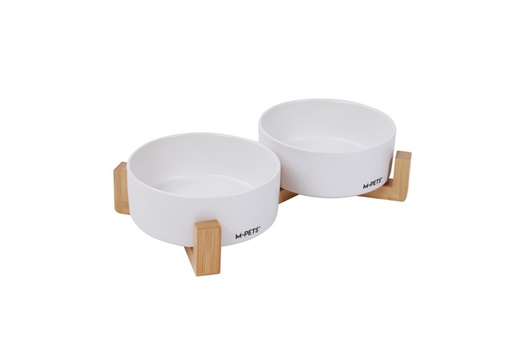 M-pets Opera Ceramic Bowls With Bamboo Stand 2x350ml - White