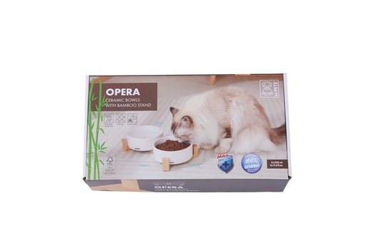 M-pets Opera Ceramic Bowls With Bamboo Stand 2x350ml - White