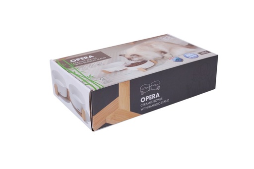 M-pets Opera Ceramic Bowls With Bamboo Stand 2x350ml - White