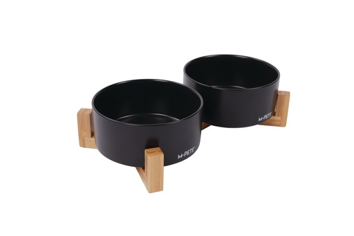 M-pets Opera Ceramic Bowls With Bamboo Stand 2x850ml - Black