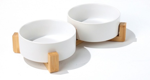 M-pets Opera Ceramic Bowls With Bamboo Stand 2x850ml - White