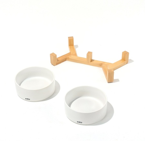 M-pets Opera Ceramic Bowls With Bamboo Stand 2x850ml - White