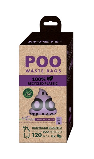 M-pets Poo 100% Recycled Plastic Dog Waste Bags (120 Bags) - Lavender Scented 8 Rolls