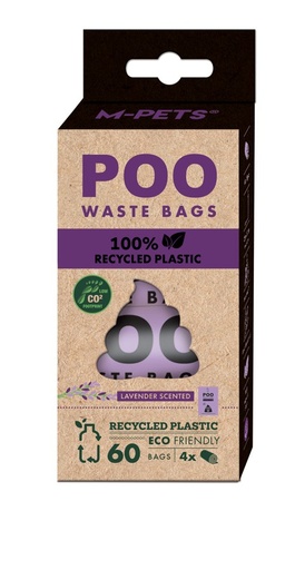 M-pets Poo 100% Recycled Plastic Waste Bags (60 Bags) - Lavender Scented 4 Rolls