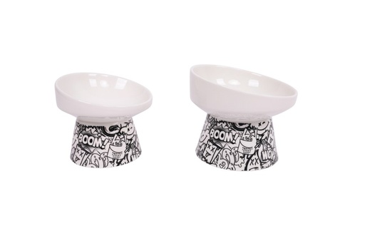 M-pets Urbanstyle Tilt'd Raised Ceramic Bowl Black & White - S