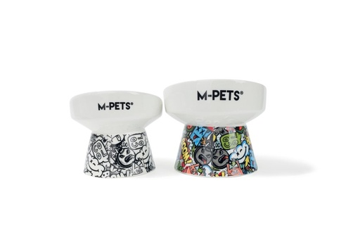 M-pets Urbanstyle Tilt'd Raised Ceramic Bowl Black & White - S