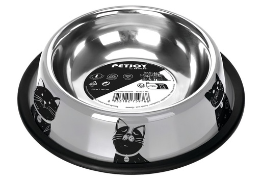 Petjoy M-pets Petjoy Catfamily Stainless Bowl With Rubber Edge L - Black & White 910ml