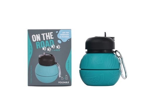 M-pets On The Road Foldable Dog Water Bottle 200ml-550ml 2 In 1 Turquoise Blue Color