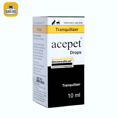 Caja de acepet gotas para perros tranquilizante 10 ml Unimedical en envase blanco negro y amarillo para veterinaria
