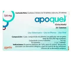 Caja de Apoquel 3.6 mg para perros Panamá. 20 tabletas para uso veterinario alivio de prurito