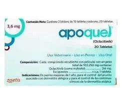 Caja de Apoquel 3.6 mg para perros Panamá. 20 tabletas para uso veterinario alivio de prurito