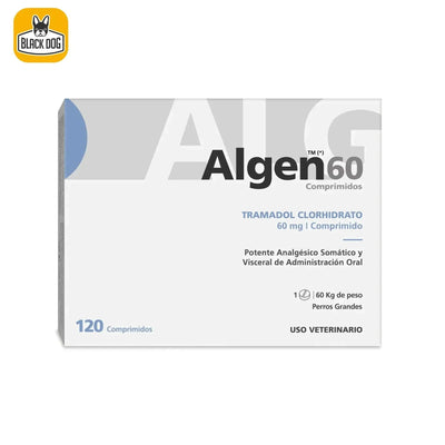 Droguería Alemana Algen 60mg analgésico para perros grandes con tramadol clorhidrato, envase de 120 comprimidos, uso veterinario.
